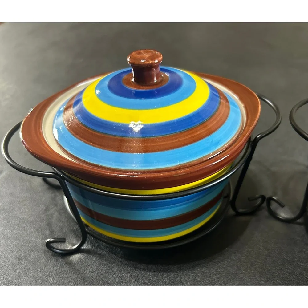 Temptations Mini Casserole Dishes SET/2 Striped Floral Lids & Wire Racks 9 oz‎
